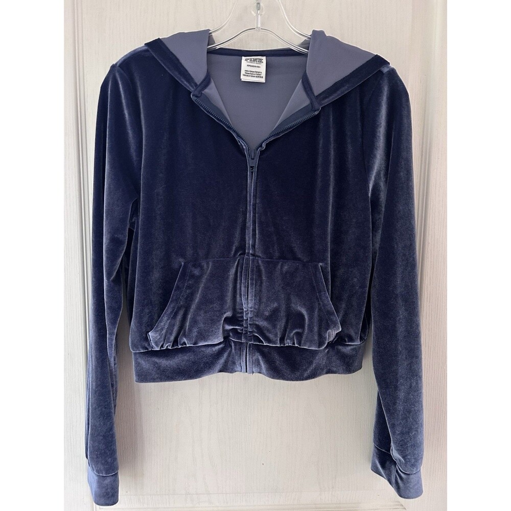 PINK Victoria's Secret Velour Cropped Hoodie Blue Velvet Y2K Rhinestone Small - Picture 11 of 13